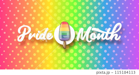 Happy pride month horizontal banner with pride color flag gradient ice cream isolated on rainbow background. LGBT Pride month or pride day poster, invitation party card with popsicle Happy pride month horizontal banner with pride color flag gradient ice cream isolated on rainbow background. LGBT Pride month or pride day poster, invitation party card with popsicle 115184113