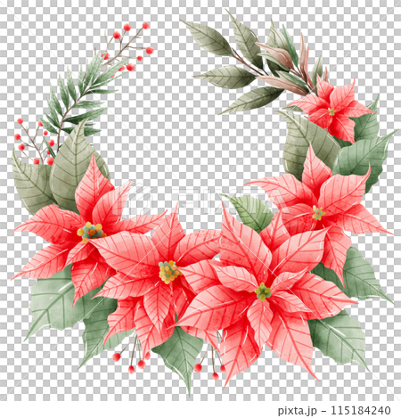 Watercolor Hand drawn illustration Christmas compositions with poinsettia flowers wreath for holiday invitation, card design clipart print new year decor for print, label, invitation design Watercolor Hand drawn illustration Christmas compositions with poinsettia flowers wreath for holiday invitation, card design clipart print new year decor for print, label, invitation design 115184240