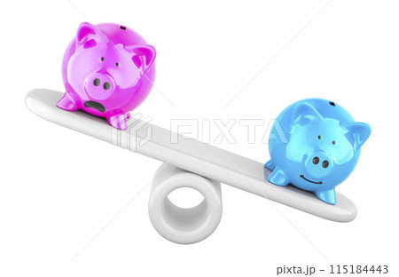 Blue and pink piggy banks on imbalance seesaw. Gender pay gap, concept. 3D rendering 115184443