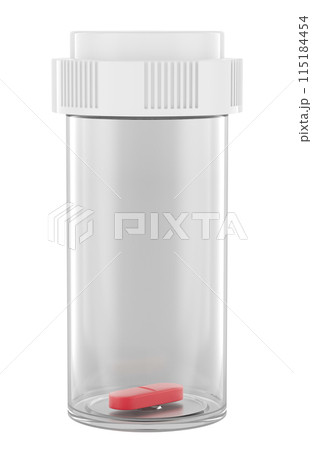 Pill bottle, medical bottle with one pill. 3D rendering Pill bottle, medical bottle with one pill. 3D rendering 115184454