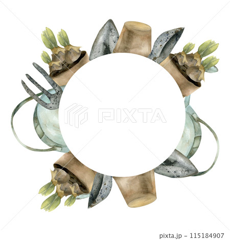 Gardening tools , shovel, trovel, watering can and brown pot with spring flowers frame.Hand drawn vintage farming tools wreath for flowering shop,garden equipment packing design,seed label,sticker Gardening tools , shovel, trovel, watering can and brown pot with spring flowers frame.Hand drawn vintage farming tools wreath for flowering shop,garden equipment packing design,seed label,sticker 115184907