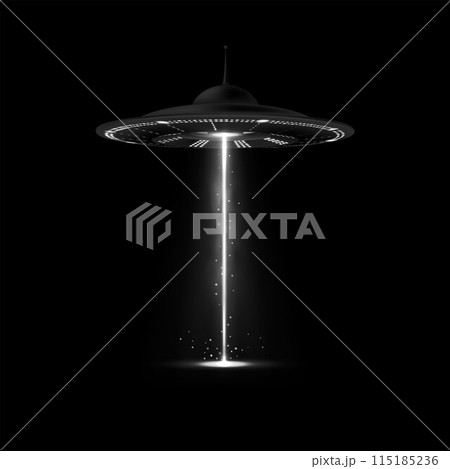 Alien spaceship, UFO with white vertical beam light, smoke and particles, vector flying unidentified round saucer, ray 115185236