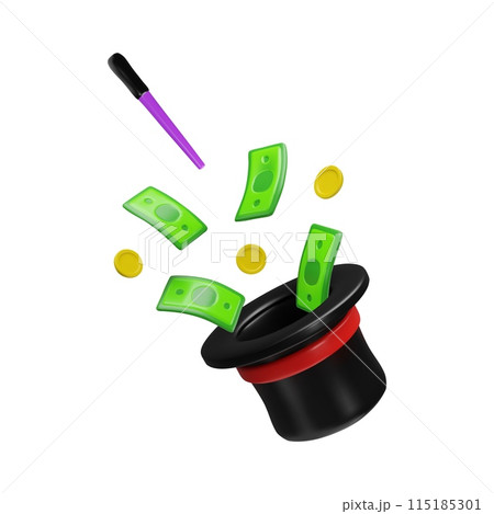 Magician's hat with flying money 3D icon vector illustration 115185301