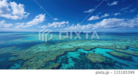 Great Barrier Reef on the coast of Queensland, Australia seascape. Coral sea marine ecosystem wallpaper with blue cloudy sky in the daylight 115185399