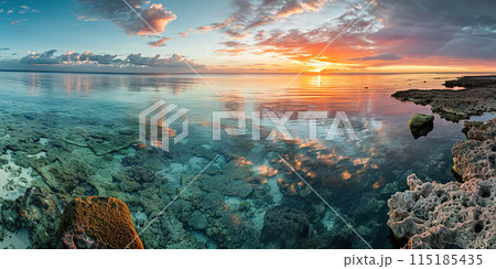 Great Barrier Reef on the coast of Queensland, Australia seascape. Coral sea marine ecosystem wallpaper background at sunset, with an orange purple sky in the evening golden hour 115185435