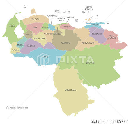 Vector map of Venezuela with states, capital district, federal dependencies and administrative divisions. Editable and clearly labeled layers. 115185772