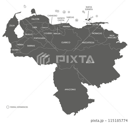Vector map of Venezuela with states, capital district, federal dependencies and administrative divisions. Editable and clearly labeled layers. Vector map of Venezuela with states, capital district, federal dependencies and administrative divisions. Editable and clearly labeled layers. 115185774