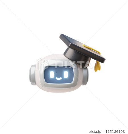 Chat bot robot with university black cap, AI assistance machine 3D vector icon, online education, distance studying Chat bot robot with university black cap, AI assistance machine 3D vector icon, online education, distance studying 115186108
