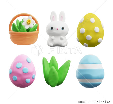 Plasticine eggs, rabbit, grass and basket with flower 3D style 115186152