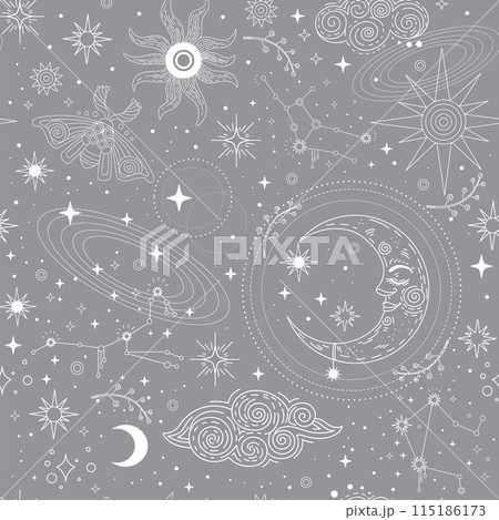 Star constellation moon and sun on gray seamless pattern Star constellation moon and sun on gray seamless pattern 115186173