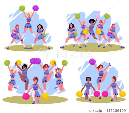Groups of cheerleaders perform dance and gymnastic, vector illustration isolated. 115186199