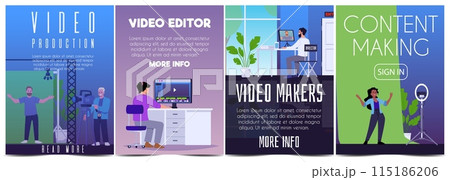 Video production, multimedia and film industry, vector cartoon posters set of making video content, video editor maker Video production, multimedia and film industry, vector cartoon posters set of making video content, video editor maker 115186206