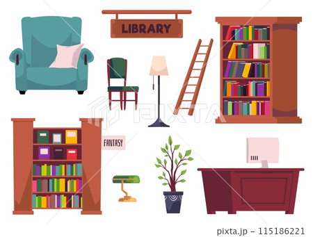 Furniture and interior elements set for library, vector illustration isolated. 115186221