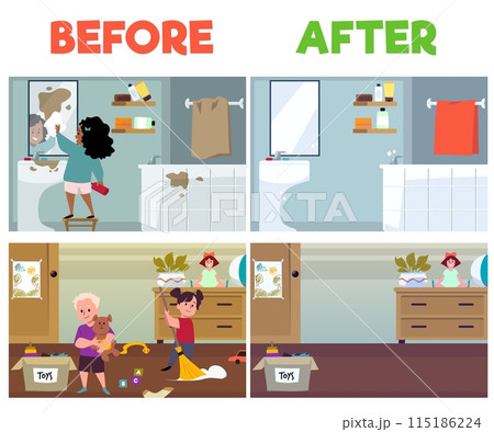 Rooms before and after children's cleaning flat style, vector illustration 115186224