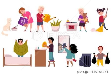 Cartoon children cleaning duty, chores vector illustrations set, happy cute kids doing homework, job responsibility 115186231
