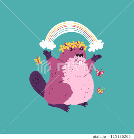 Vector illustration a beaver decorated with a wreath of flowers, holding a rainbow above his head 115186260
