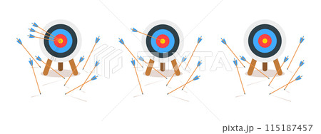 Set of archery dart boards with arrows hitting or missing bullseye. Sports game or business strategy. Success or failure, goal achieving or mistake concept. Vector cartoon illustration 115187457