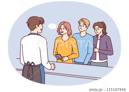 Leisurely woman talking to cashier ignoring queue of customers in cafe or grocery store 115187848