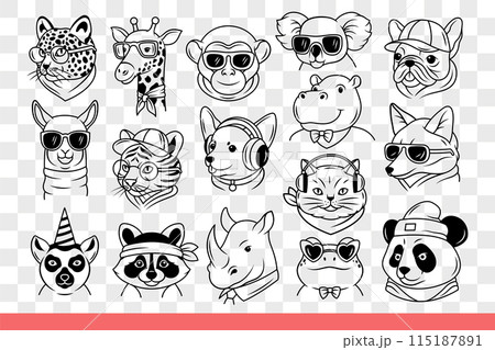 Muzzles of funny wild animals and pets in human wardrobe items and headphones. Hand drawn doodle 115187891