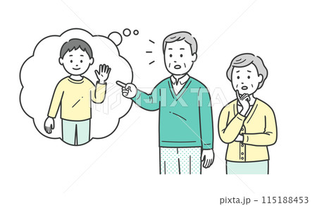 幻視で子供の姿を見るレビー小体型認知症の高齢男性とそれに戸惑う高齢女性 115188453