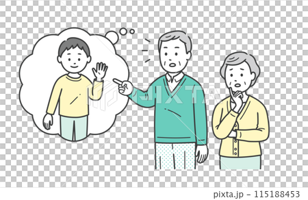 幻視で子供の姿を見るレビー小体型認知症の高齢男性とそれに戸惑う高齢女性 115188453