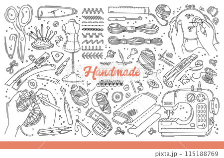 Handmade items and equipment for embroidery or knitting and making craft clothes. Hand drawn doodle 115188769