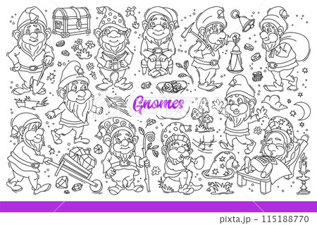 Funny gnomes from fairy-tale universe resting or mining for precious stones. Hand drawn doodle 115188770