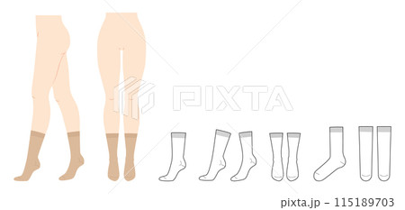 Mid Calf Socks set on women legs and CAD flat template mockup. Hosiery Fashion accessory clothing technical illustration 115189703