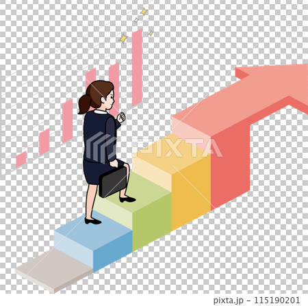 A woman in a suit climbing the stairs towards her goal 115190201