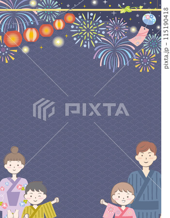 浴衣姿の家族と夏祭りの背景イメージ　花火　縦 115190418