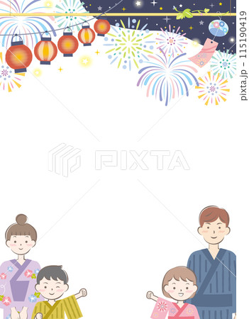 浴衣姿の家族と夏祭りの背景イメージ　花火　縦 115190419