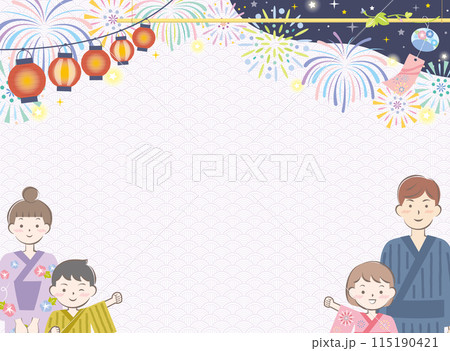 浴衣姿の家族と夏祭りの背景イメージ　花火　横 115190421