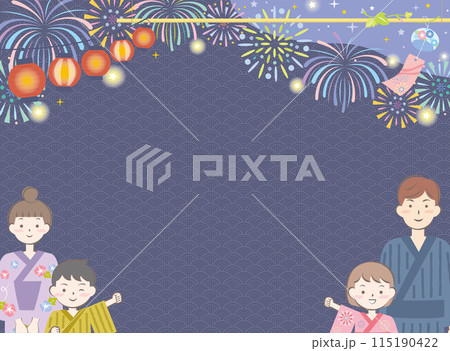 浴衣姿の家族と夏祭りの背景イメージ　花火　横 115190422
