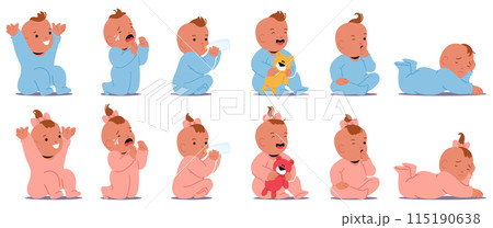 Set Of Baby Expressions And Actions. From Joyful Laughter To Tears, And Engaging In Activities Like Drinking From Bottle Set Of Baby Expressions And Actions. From Joyful Laughter To Tears, And Engaging In Activities Like Drinking From Bottle 115190638