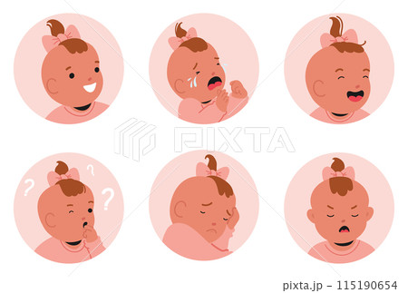 Set Of Cute Baby Girl Different Emotions. Child Displaying Expressions Such As Happiness, Crying, Laughter, Curiosity 115190654