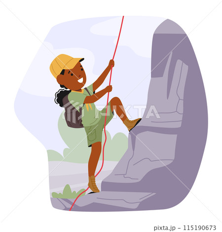 Young African-american Girl Scout Enthusiastically Climbing A Rock, Equipped With Rope And Harness In A Natural Setting 115190673