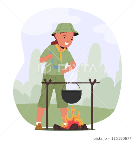 Smiling Young Scout Cooking Over A Campfire In A Lush Forest. Girl In Uniform Stirs A Pot Engaging In Camping Activity Smiling Young Scout Cooking Over A Campfire In A Lush Forest. Girl In Uniform Stirs A Pot Engaging In Camping Activity 115190674