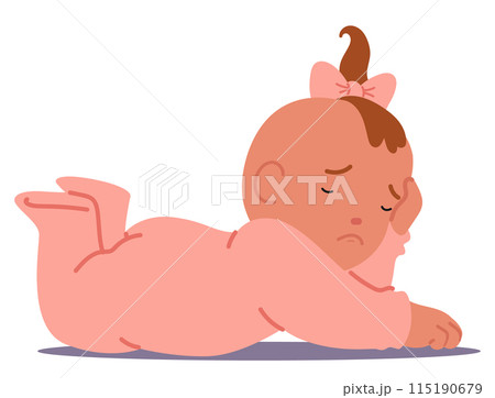 Newborn Girl Sleeping Peacefully In A Tender Pose. Baby With A Tiny Brown Hair Tuft And A Pink Bow, Embodying Innocence 115190679