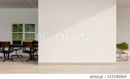 A minimalist office corridor features a parquet floor, a white empty wall, and a meeting room. A minimalist office corridor features a parquet floor, a white empty wall, and a meeting room. 115190864