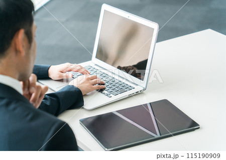 ノートパソコンでタイピングするスーツの女性とチェックする男性ビジネスマン 115190909