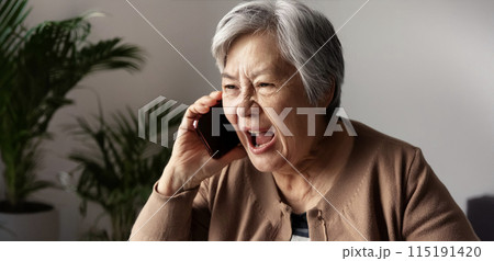 電話越しに不満を訴える東洋人の老人の女 115191420