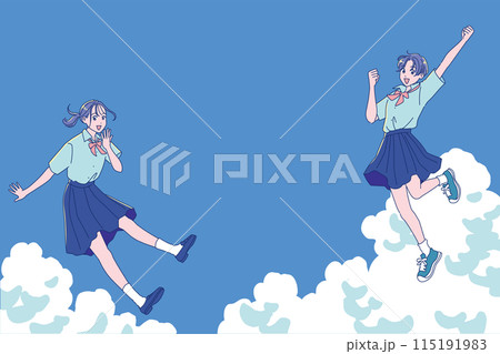 夏空に元気にジャンプする女子高生 夏空に元気にジャンプする女子高生 115191983