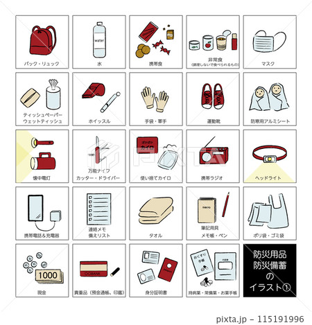 防災用品・防災備蓄のアイコンイラスト①　カラー　線画 115191996