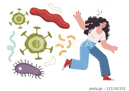 Bacteria and viruses or germs chase running woman who wants to protect herself from flu outbreak 115192332