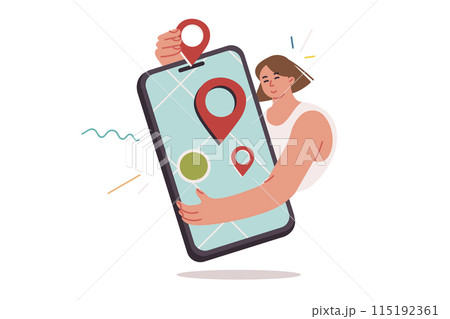Digital map in mobile phone in hands of woman using online navigator to easily navigate city 115192361