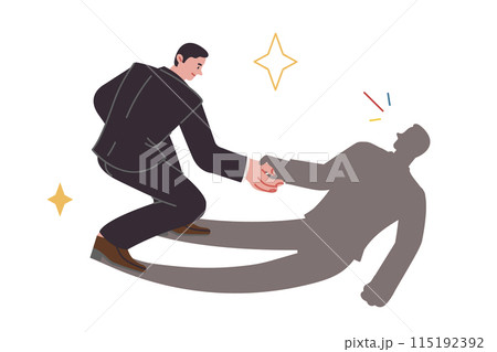 Business man restores self-confidence and sense of pride by extending hand to own shadow 115192392