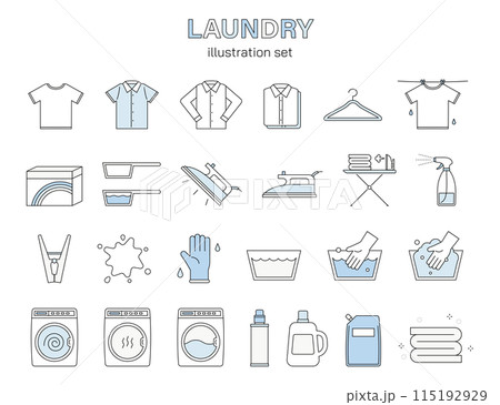洗濯　クリーニング　アイコン　セット　線画　ワイシャツ　ランドリー　アイロン　手洗い　家事　暮らし 115192929