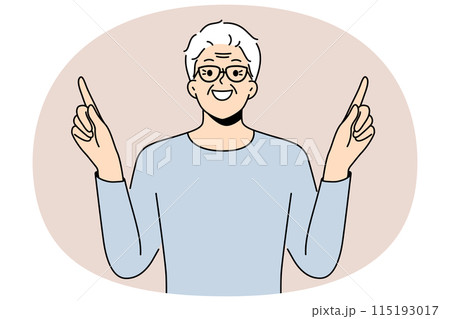 Eldery man came up with idea and points fingers up with smile to draw attention to your ad 115193017