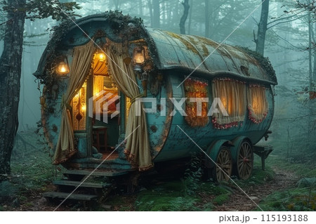 Wagon of a gypsy fortune-teller at the edge of a misty forest. Colorful drapes hang from windows and flickering lanterns around the exterior. Concept of predicting future, divination and mysticism 115193188