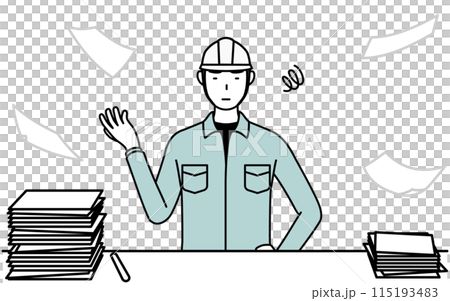 A man in a helmet and work clothes is fed up with unfinished business 115193483